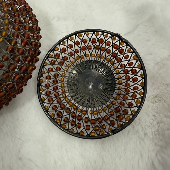 Contemporary arts beaded container with lid amber brown metal - Picture 4 of 8